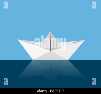 Papier Boot auf dem Wasser gegen den blauen Himmel Stock Vektor