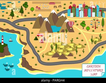 Cartoon Karte mit Blick auf das Meer, die Berge, Wüste, und die Stadt. Abenteuer Weltraum mit mystischen Sumpf, alte Ruinen, in den Bergen, See, Höhle, Wüste und Pyramiden Stock Vektor