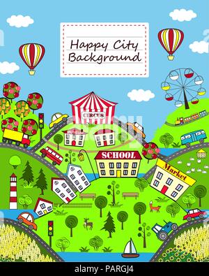 Süße Muster mit Häusern, Meer, Straßen, Wald, Flügel Turbinen, Gärten, Autos und Anziehung. Design für Matten, Bücher notebooks Spiele und andere Kinder deve Stock Vektor