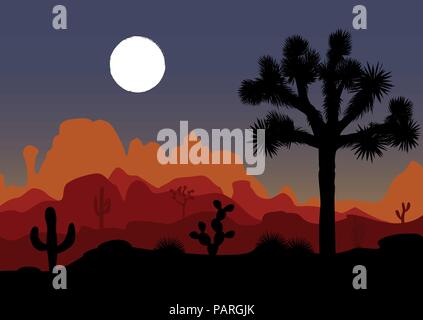 Nacht Landschaft mit Joshua Tree, Kaktus, und die Berge. Vector Illustration Stock Vektor