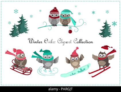 Cute winter Eulen Banner. Winter Sport und Eulen. Vector Illustration Stock Vektor