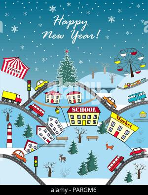 Happy Holidays saisonale Grußkarte. Cute cartoon Hügeln mit Stadt Häuser, Straßen, Autos und Tannen. Vector Illustration Stock Vektor