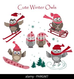 Cute winter Eulen Sammlung. Winter Sport und Eulen. Vector Illustration Stock Vektor