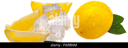 Zitrone, grüne Blätter, Würfel von kaltem Eis und eine ganze Frische gelbe Zitrone auf einem weißen Hintergrund. in Isolation. Stockfoto