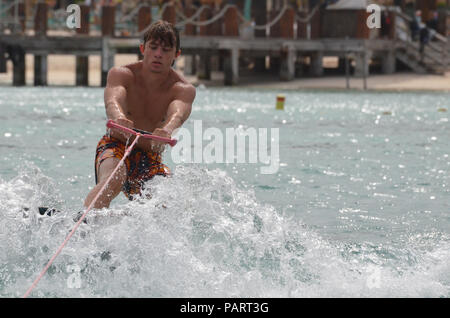 Wakeboarder aus dem Wasser auf ein Wakeboard in Aruba gezogen. Stockfoto