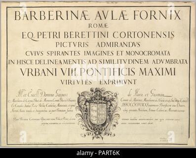 Barberinae aulae fornix. Artist: Anonyme, italienisch, 17. Jahrhundert; nach Pietro da Cortona (Pietro Berrettini) (Italienisch, Cortona 1596-1669 Rom). Dedicatee: Gaspar de Guzman, Graf von Olivares und Herzog von Sanlucar (Spanisch, 1587-1645). Abmessungen: Berg: 15 cm. × 21 cm. (40,3 × 54,3 cm). Herausgeber: Giovanni Giacomo De Rossi (Italien, Rom 1627-1691 Rom). Serie/Portfolio: Barberinae aulae fornix. Datum: Ca. 1677. Eine Reihe von Platten lose zusammen genäht, Pietro da Cortona die Deckenfresken "Allegorie der Göttlichen Vorsehung und Barberini Power' für den Salone des Palazzo B Stockfoto