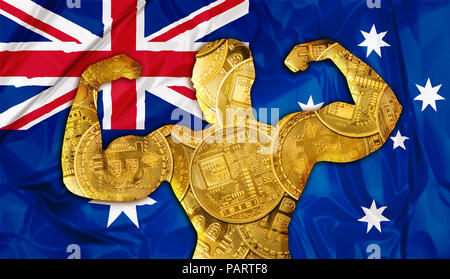 Cryptocurrency mining Business Konzept: Kraftvolle australische Bitcoin und Wachstum. Amerikanische Flagge und Bodybuilder geformt Bitcoin crypto Währung. Finanzielle Konzept der Wechselkurs von Bitcoins in US-Dollar Stockfoto