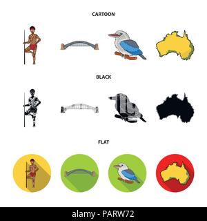 Aborigine mit einem Speer, Sydney Harbour Bridge, kookabarra auf einem Zweig, das Territorium des Landes. Australien Sammlung Icons im Cartoon, schwarz, Fla Stock Vektor