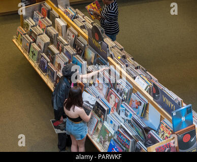 Menschen surfen Schallplatten und Alben in den Regalen in einem Record Shop Shop Interieur in Los Angeles, Los Angeles, Kalifornien, USA Stockfoto