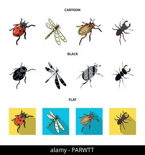 Gliederfüßer Insekten Marienkäfer, Libelle, Käfer, Colorado Käfer Insekten set Sammlung Icons im Cartoon, schwarz, Flat Style vektor Symbol lieferbar Isometrische Stock Vektor