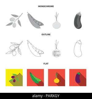 Oliven auf einen Zweig, Erbsen, Zwiebeln, Auberginen. Gemüse Sammlung Icons in flachen, Outline, Schwarzweiß-Stil vektor Symbol lieferbar Abbildung. Stock Vektor