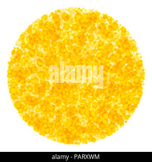 Kreis aus Punkten. Viele gelbe und orange durchscheinende Flecken bilden einen hellen Kreis geformt, wie eine Sonne. Sonnigen Dekor. Abbildung. Stockfoto