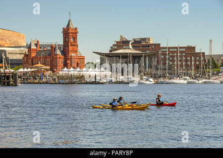 Drei Personen in Kajaks paddeln auf ruhigem Wasser in Cardiff Bay Stockfoto