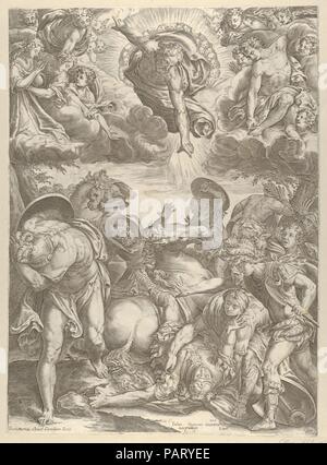 Die Bekehrung des hl. Paulus mit Gott dem Vater und Engel über. Artist: Cherubino Alberti (Zaccaria Mattia) (Italienisch, Borgo Sansepolcro 1553-1615 Rom); Nach Taddeo Zuccaro (Italienisch, Sant'Angelo in Vado 1529-1566 Rom). Maße: Blatt: 18 9/16 × 13 9/16 in. (47,1 × 34,5 cm). Verlag: Carlo Losi (Italienisch, 1757-nach 1805). Datum: 1575. Museum: Metropolitan Museum of Art, New York, USA. Stockfoto