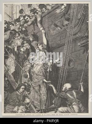 Ostwärts Ho! August 1857, aus "Illustrated London News". Artist: Nach Henry Nelson O'Neil (Britisch, St. Petersburg, Russland 1817-1880 London). Maße: Blatt: 11 15/16 x 9 1/2 in. (30,4 × 24,2 cm). Engraver: William Luson Thomas (Briten, London 1830-1900 Chertsey, Surrey). Datum: 22.Mai 1858. In der "Illustrated London News", dieser Holzstich zeigt Britische Soldaten Abschied bieten zu Familie, Lieblinge und Freunde als ihr Schiff fährt für Kalkutta - in Richtung der Indischen "utiny' (oder inder ersten Unabhängigkeitskrieg, 1857-1859). Thomas Holzstich reproduziert Ein 18 Stockfoto