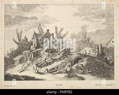 Eine Landschaft mit einem Haus und drei Männer auf einer Brücke. Artist: Nachdem François Boucher (Französisch, Paris 1703-1770 Paris); Johann Georg Hertel (Deutsch, Augsburg Ca. 1700-1775 Augsburg). Maße: Blatt: 8 5/16 x 10 15/16 in. (21,1 × 27,8 cm) Platte: 7 1/2 x 10 1/16-in. (19,1 × 25,5 cm). Datum: 18. Museum: Metropolitan Museum of Art, New York, USA. Stockfoto