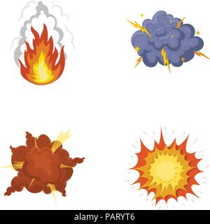 Flamme, Funken, Wasserstoff Fragmente, Atomic oder gas Explosion, Gewitter, solar Explosion. Explosionen set Sammlung Icons im Comic-stil Vektor sym Stock Vektor