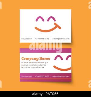 Business card Vektor Vorlage. Lustige Abbildung mit bunten Smiley. Rosa und orange Farben Stock Vektor