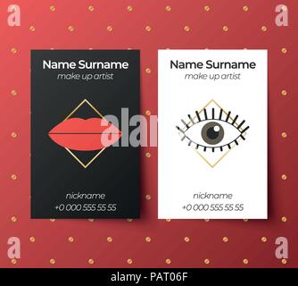 Business card Vektor Vorlage. Up Artist. Weiß, schwarz, rot und goldenen Farben. Illustrationen von Lippen und Augen Stock Vektor