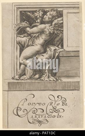 Zwei sitzende Engel, nach links, das Lesen von einem Song Book, von den Engeln' Konzert. Artist: Cherubino Alberti (Zaccaria Mattia) (Italienisch, Borgo Sansepolcro 1553-1615 Rom); Nach Polidoro da Caravaggio (Italienisch, Caravaggio Ca. 1499-ca. 1543 Messina). Maße: Blatt: 7 1/2 x 4 13/16 in. (19 × 12,2 cm). Serie/Portfolio: Die Engel" Konzert. Datum: 1583. Museum: Metropolitan Museum of Art, New York, USA. Stockfoto