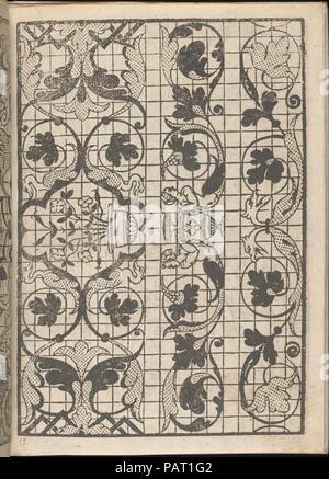 Splendore delle wirbelnden Rondothema fort, Giovani, Seite 7 (Vorderseite). Designer: Iseppo Foresto (Italienisch, aktive Venedig, 1557). Maße: Gesamt: 7 1/2 x 5 1/2 in. (19 x 14 cm). Erschienen in: Venedig. Herausgeber: Jeronimo Calepino, Venedig. Datum: 1564. Durch Iseppo Foresto, veröffentlicht von Jeronimo Calepino, Venedig konzipiert. Von oben nach unten und von links nach rechts: Design aus 3 Spalten; nur rechte Spalte ist auf einem Raster gedruckt. Linke Spalte besteht aus einem zentralen Abschnitt, der in der Mitte mit einem weißen gepunktete Blume mit gebogenen Stiele und Blätter; die zentrale Abschnitt auf der Oberseite umrahmt wird dekoriert ist und Stockfoto