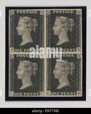 Postfrisch Block von vier "Penny Black" Briefmarken der Königin Victoria. Artist: Nach einem Entwurf von William Wyon (British, 1795-1851 Birmingham Brighton). Kultur: Britische. Abmessungen: Insgesamt: 1 7/8 x 1 5/8 in. (4,8 × 4,1 cm). Datum: Mai 6, 1840 ausgestellt. Die "Penny Black" ist die erste Briefmarke, die Großbritannien ausgestellt. Die Porträts von Königin Victoria ist nach einem Stich von William Wyon (1795-1851) der Royal Mint Gedenken von Queen Victoria, Besuch der Corporation of London am 9. November 1837. Museum: Metropolitan Museum of Art, New York, USA. Stockfoto