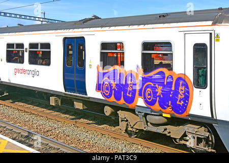 Transport kriminellen Sachschaden größer Anglia Zug & Eisenbahn Tür fenster durch Graffiti auf Kosten des öffentlichen Verkehrs aus London UK Stockfoto