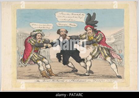 Die rivalisierenden Richards, oder Sheakspear in Gefahr. Künstler: William Heath ('Paul Hebeln") (British, 1795-1840 London Hampstead). Abmessungen: Platte: 9 9/16 × 13 11/16 in. (24,3 × 34,8 cm) Blatt: 10 5/16 x 15 7/8 in. (26,2 × 40,3 cm). Herausgeber: Samuel Knight (British, 1805-1841). Betrifft: William Shakespeare (Britisch, Stratford-upon-Avon 1564-1616 Stratford-upon-Avon); Edmund Kean (British, 1787-1833); Charles Mayne Junge (British, 1777-1856). Datum: 18.Mai 1814. Zwei tragischen Schauspieler Edmund Kean und Charles Mayne Jungen sind hier persifliert kämpfen Shakespeare zu steuern. Beide sind als Richard III t gekleidet Stockfoto