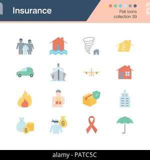 Versicherung Symbole. Flaches Design Collection 39. Für die Präsentation, Grafik Design, Mobile, Web Design, Infografiken. Vector Illustration. Stock Vektor