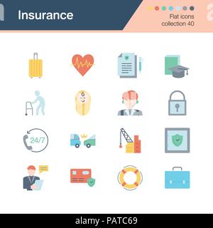 Versicherung Symbole. Flaches Design Collection 40. Für die Präsentation, Grafik Design, Mobile, Web Design, Infografiken. Vector Illustration. Stock Vektor
