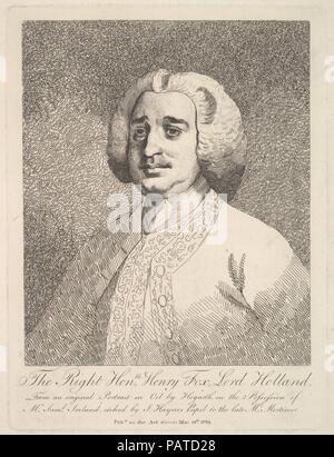 Das Recht auf Henry Fuchs, Herrn Holland. Artist: Nach William Hogarth (Briten, London 1697-1764 London). Abmessungen: Platte: 9 1/2 x 7 3/16 in. (24,2 x 18,2 cm) Blatt: 10 5/6 x 16 1/8 in. (26,5 x 40,9 cm). Plasmaätzer: Joseph Haynes (British, 1760-1829). Sitter: Henry Fuchs, 1. Baron Holland (British, 1705-1774). Datum: 19 Mai, 1782. Museum: Metropolitan Museum of Art, New York, USA. Stockfoto