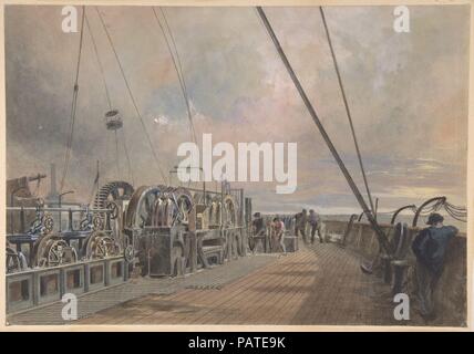 Deck der Great Eastern, Aft: Auszahlung von Maschinen. Artist: Robert Charles Dudley (British, 1826-1909). Maße: Blatt: 9 13/16 x 14 3/16 in. (25 x 36 cm). Datum: 1866. Eine der großen technischen Errungenschaften des 19. Jahrhunderts war eine telegrafische Kabel unter dem Atlantik zu legen, so dass Nachrichten hin und her zwischen Nordamerika und Europa in Minuten zu beschleunigen, anstatt zehn oder zwölf Tagen durch die Dampfeinheit ein. Ein zunächst erfolgreicher Versuch im Jahre 1858, von Cyrus W. Feld geführt und von der Atlantic Telegraph Company finanziert, nicht nach drei Wochen. Zwei funktionierende Kabel wurden schließlich im Juli eine festgelegt Stockfoto