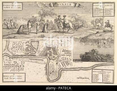 Charles XII. an Bender (Aubry de La Mottraye's" Reisen durch Europa, Asien und in Afrika...", London, 1724, Bd. II, PL. 30). Künstler und Graveur: Vignette entworfen und von William Hogarth (Briten, London 1697-1764 London) geätzt. Thema: Veranschaulicht Aubry de La Mottraye (Französisch, 1674-1743). Maße: Blatt: 9 7/8 x 13 9/16 in. (25,1 x 34,4 cm). Engraver: Karte von S. Parker mit Gravur (Briten, Aktiv, 1720). Datum: 1723-24. Museum: Metropolitan Museum of Art, New York, USA. Stockfoto