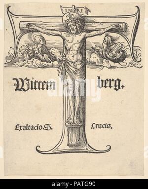 Christus am Kreuz zwischen der Jungfrau und Moses. Künstler: Hans Burgkmair (Deutsch, Augsburg 1473-1531 Augsburg). Maße: Blatt: 6 9/16 x 5 5/16 in. (16,6 × 13,5 cm). Während die Holzschnitt Teil dieser Eindruck ist im Einklang mit den veröffentlichten Referenzen, den Buchdruck Inschrift unterscheidet. In der Regel "EXALTATIO. S. CRUCIS' oben in der Mitte erscheint, aber hier die Inschrift lautet "WITTEMBERG,' in großen Buchstaben Ebene mit Christus die Knie, und Unten, 'EXALTACIO.S. CRUCIS, "Stufe mit Christus die Füße. Die anderen Eindrücke verwendet wurden als frontispiz Für'Ain Predigt von den Haylthumbern", eine Predigt d Stockfoto