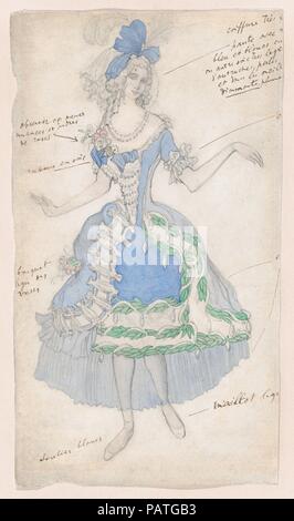 Kostüme Für eine weibliche Höfling, wahrscheinlich für das Ballett "La Belle au Bois Dormant" (Sleeping Beauty), uraufgeführt am Alhambra Theater in London, 1921. Artist: Léon Bakst (Russisch, Grodno 1866-1924 Paris). Maße: Blatt: 11 1/2 x 6 1/2 in. (29,2 × 16,5 cm). Datum: Ca. 1921. Zeichnung mit einem Kostüm Design für eine weibliche Höfling, wahrscheinlich für das Ballett "La Belle au Bois Dormant" (Sleeping Princess), uraufgeführt am Alhambra Theater in London im Jahre 1921. Das Design wurde von Léon Bakst im späteren Teil seiner Karriere geschaffen, während ernsthaft krank, nur wenige Jahre vor seinem Tod. Dies war der l Stockfoto