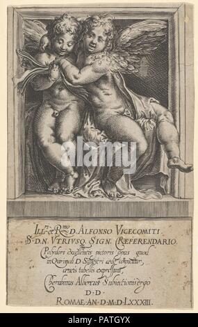 Zwei sitzende Engel, Arme um einander, das auf der linken Seite an einem Song Book suchen, von den Engeln' Konzert. Artist: Cherubino Alberti (Zaccaria Mattia) (Italienisch, Borgo Sansepolcro 1553-1615 Rom); Nach Polidoro da Caravaggio (Italienisch, Caravaggio Ca. 1499-ca. 1543 Messina). Maße: Blatt: 7 5/16 x 4 1/2 in. (18,5 × 11,5 cm). Serie/Portfolio: Die Engel" Konzert. Datum: 1583. Museum: Metropolitan Museum of Art, New York, USA. Stockfoto