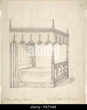 Design für eine gotische Bett mit Baldachin. Künstler: Charles Hindley und Söhne (Briten, London 1841-1917 London). Maße: Blatt: 11 1/4 x 9 5/16 in. (28,6 x 23,6 cm). Datum: 1841-84. Museum: Metropolitan Museum of Art, New York, USA. Stockfoto