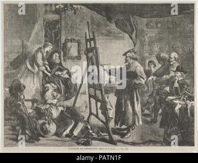 L'Atelier de Rembrandt, tableau de J. Gilbert, von 'L'Univers Illustré", S. 395. Artist: Nach Sir John Gilbert (Briten, London 1817-1897 London). Maße: Blatt: 9 3/4 x 12 5/8 in. (24,7 × 32 cm). Engraver: William Luson Thomas (Briten, London 1830-1900 Chertsey, Surrey). Betrifft: Rembrandt (Rembrandt van Rijn) (Niederländisch, Leiden 1606-1669 Amsterdam). Datum: November 14, 1861. Museum: Metropolitan Museum of Art, New York, USA. Stockfoto