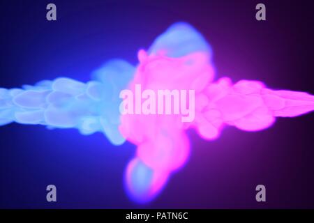 Kollision zweier Neon Farbe cyan raucht und Violett im Retro Style. Abbildung: Gestaltung der futuristischen bunte Blast. Abstrakte glühende Tinte auf dunklem Hintergrund. Stockfoto