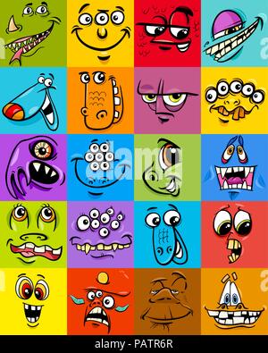Cartoon Illustration von Monster Fantasy Figuren Gesichter oder Verpackung Papier Design Stock Vektor