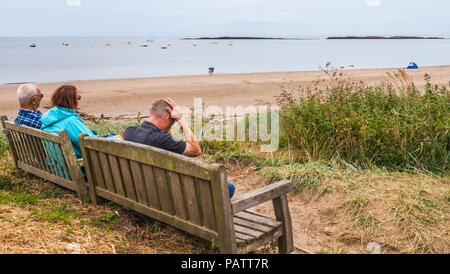 Man saß auf einer Bank bei niedrigen Newton am Meer, Northumberland, England, UK, Mann seinen Kopf rubbihg Rid der Mücken zu erhalten Stockfoto