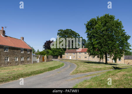 Traditionelle Häuser aus Stein Klingeln das Village Green im schönen und unberührten Dorf von Oulston, North Yorkshire, Großbritannien Stockfoto