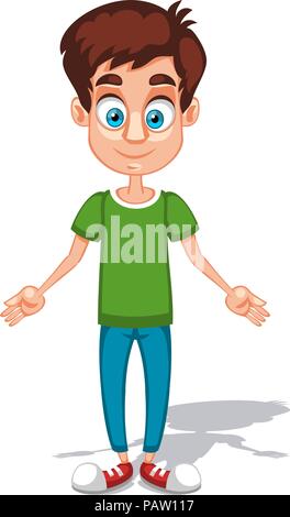 Cartoon junge Mann Charakter mit offenen Armen im grünen Shirt und blauen Hosen Stock Vektor