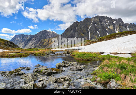 Steine mit Moos und Flechten über Wasser bedeckt in einem Berg hohl. Juni. Ostsibirien. Russland Stockfoto