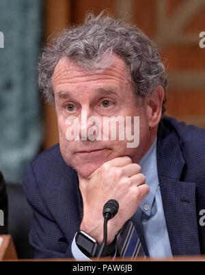 Washington, Vereinigte Staaten von Amerika. 24. Juli, 2018. United States Senator Sherrod Brown (Demokrat aus Ohio) hört auf das Zeugnis vor dem US-Senat Ausschusses für Bankwesen, Wohnungs- und Städtebau auf dem Capitol Hill in Washington, DC am Dienstag, 24. Juli 2018. Credit: Ron Sachs/CNP | Verwendung der weltweiten Kredit: dpa/Alamy leben Nachrichten Stockfoto