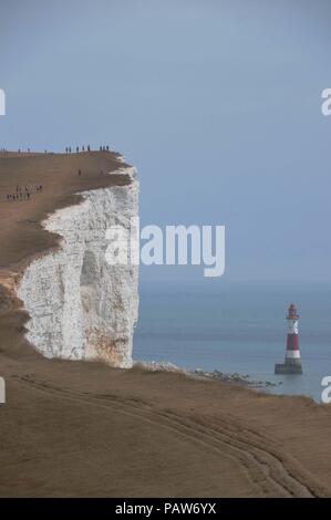 Trockenheit des Sommers dreht sich die einst grünen Klippen Braun. Beachy Head, UK. 24. Juli 2018. Touristen stehen am Rande von Beachy Head, ihr Leben aufs Spiel setzen, um an der berüchtigten Beauty Spot, für Selbstmorde bekannt. In diesem Jahr haben mehrere Menschen in den Tod von den Klippen gefallen. Credit: Dario Earl/Alamy leben Nachrichten Stockfoto