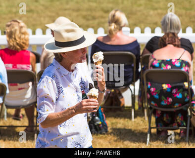 New Milton, Hampshire, UK. 25. Juli 2018. Menschenmassen strömen zu den zweiten Tag des New Forest & Hampshire County zeigen an einem heißen sonnigen Tag. Eis schmilzt! Stockfoto