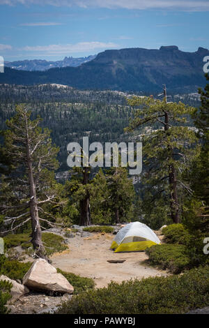 Camper ein Nylon Zelt auf einen Blick entlang der Wald bei Ebbetts Pass, Kalifornien Stockfoto