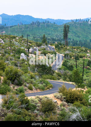 Touristische Familie fahren zu den Hütten und Campingplätze von Foresta, Big Oak Flat Road-Highway 120 im Yosemite National Park Stockfoto