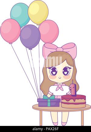 Happy birthday Design mit asiatischen Mädchen mit Tabelle mit Ballons und Geburtstagstorte mit weißem Hintergrund, Vector Illustration Stock Vektor